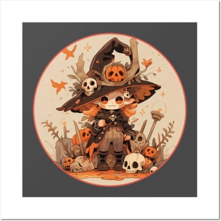 Enchanted Gathering: Adorable Witch and  Skulls in a Warm Palette Posters and Art